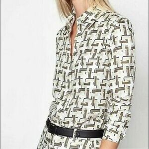 Equipment Slim Bradner Linen Printed Long Sleeve Shirt in Nature White Multi M